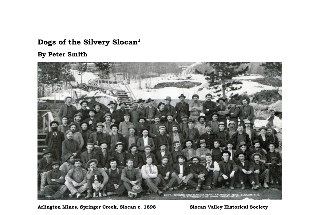 First page of Dogs of the Silvery Slocan, featuring the historic Arlington Mines group photograph